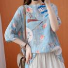 Elbow-sleeve Printed Frog-buttoned Blouse