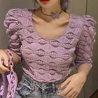 Crochet Lace Short-sleeve Blouse Purple - One Size