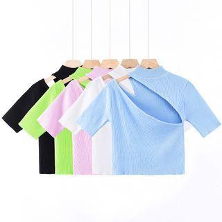 Asymmetrical Short-sleeve Ribbed Knit Top
