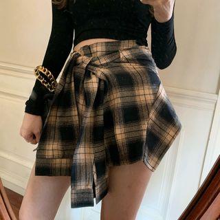Long-sleeve Crop Top / Plaid Skort