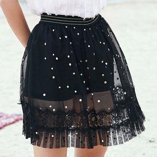 Lace-trim Polka Dot Mesh Overlay Mini Skirt