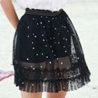 Lace-trim Polka Dot Mesh Overlay Mini Skirt