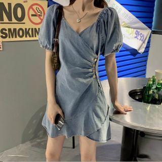 Short-sleeve Mini A-line Denim Dress As Shown In Figure - One Size