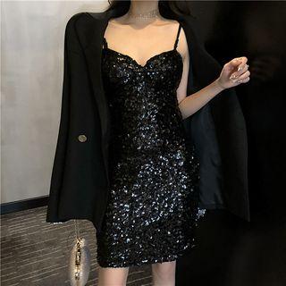 Spaghetti Strap Sequin Mini Sheath Dress Black - One Size