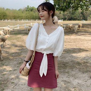 Tie-hem Elbow-sleeve Blouse / Mini A-line Skirt