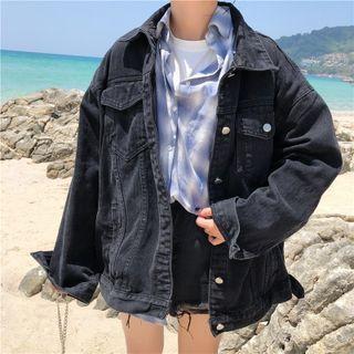 Distressed Oversized Denim Jacket Black - One Size