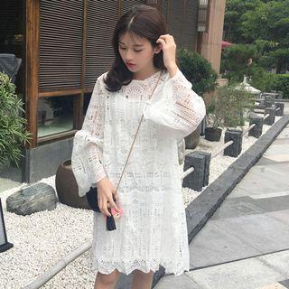 Set: Bell-sleeve Crochet Lace Dress + Strappy Dress