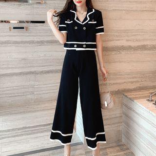 Set: Short-sleeve Contrast Trim Knit Top + Cropped Wide-leg Pants