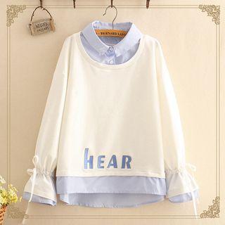 Inset Striped Shirt Embroidered Long-sleeve Sweater