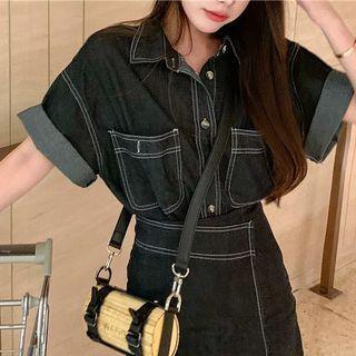 Contrast Stitching Denim Shirt / Mini A-line Skirt