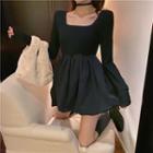 Square-neck Long-sleeve Mini A-line Dress Black - One Size