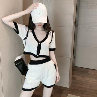 Set: Contrast Trim Short-sleeve Cropped Knit Top + Shorts