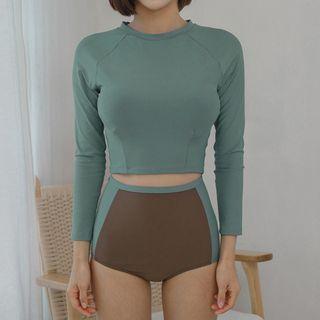 Set: Plain Long Sleeve Rashguard + Color Panel Swim Bottom