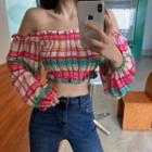 Off-shoulder Plaid Cropped Blouse Pink - One Size