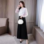 Long-sleeve Embroidered Blouse / Wide Leg Pants