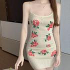 Sleeveless Flower Print Knit Mini Sheath Dress As Shown In Figure - One Size