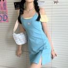 Square-neck Puff-sleeve Cropped Top / Side-slit Bodycon Suspender Skirt
