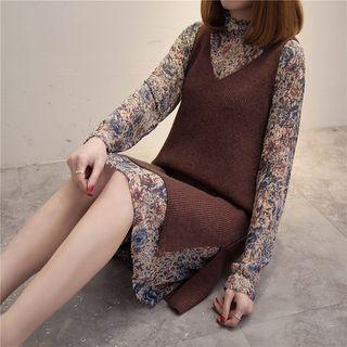 Set: Sleeveless Knit Dress + Long-sleeve Chiffon Dress