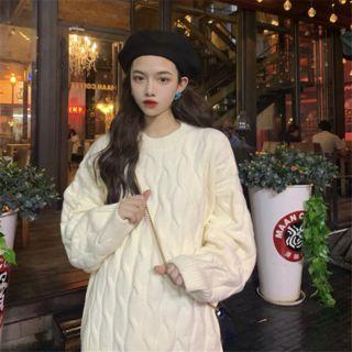 Plain Cable Knit Long-sleeve Sweater As Shown In Figure - One Size