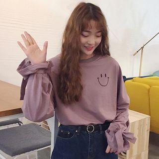 Smiley Print Tie-cuff Pullover