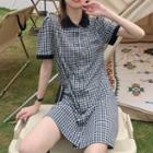 Short-sleeve Gingham Collared A-line Dress Gingham - Black & White - One Size