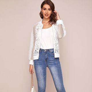 Fishnet Sheer Lace Panel Zipped Bomber Jacket
