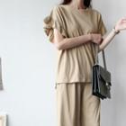 Set: Ruffle-sleeve T-shirt + Band-waist Wide-leg Pants