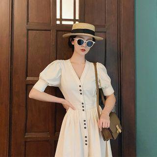 Balloon-sleeve Buttoned Midi A-line Dress