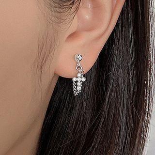 Chain Strap Rhinestone Cross Drop Earring 1 Pc - Silver - One Size