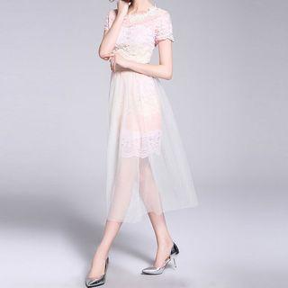 Set: Lace Short Sleeve Sheath Dress + Mesh Midi Skirt