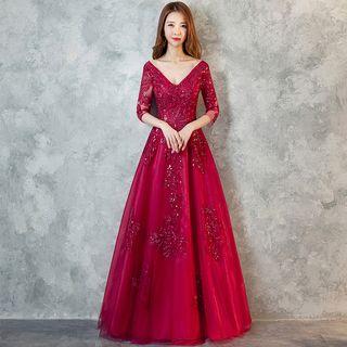 3/4-sleeve A-line Evening Gown