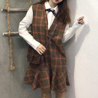 Mock Two Piece Plaid Panel Collared Long Sleeve Dress