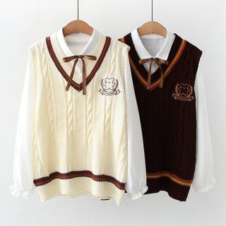 Set: Bow Shirt + Bear Sweater Vest