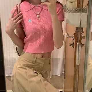 Short-sleeve Embroidered Knit Crop Polo Shirt