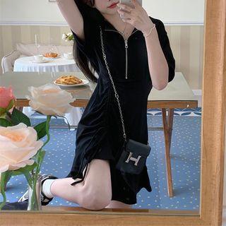 Short-sleeve Zip-neck A-line Dress