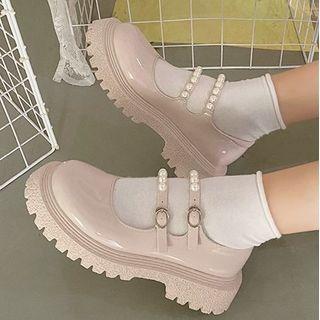 Faux Pearl Platform Block Heel Mary Jane Shoes