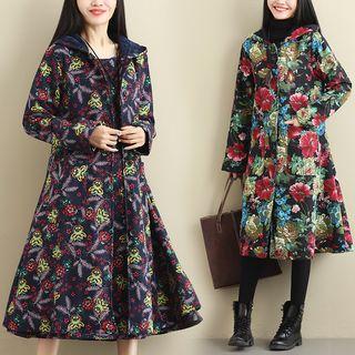 Floral Print Hooded Buttoned Long Coat