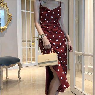 Spaghetti-strap Dotted Print Midi Shift Dress