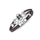 Fashion Personality Skull Black Cubic Zirconia Double Brown Leather Bracelet Silver - One Size