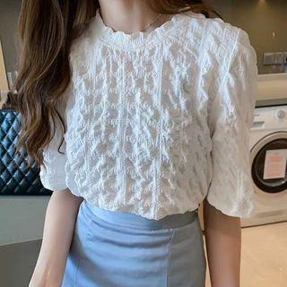 Crinkled Elbow-sleeve Chiffon Blouse