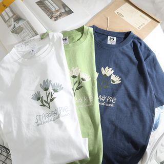 Short-sleeve Lettering Flower Print T-shirt