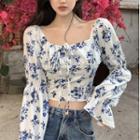 Bell-sleeve Floral Print Blouse Floral - White & Blue - One Size