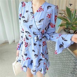 Long-sleeve Wrap-front Floral Playsuit