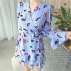 Long-sleeve Wrap-front Floral Playsuit