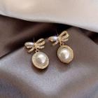 Rhinestone Bow Faux Pearl Dangle Earring 1 Pair - As Shown In Figure - One Size