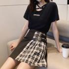 Short-sleeve Embroidered T-shirt / Mini Plaid Panel A-line Skirt