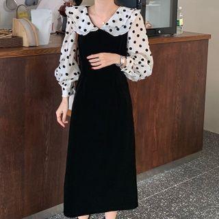 Mock Two-piece Puff-sleeve Dotted Midi Dress
