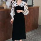 Mock Two-piece Puff-sleeve Dotted Midi Dress