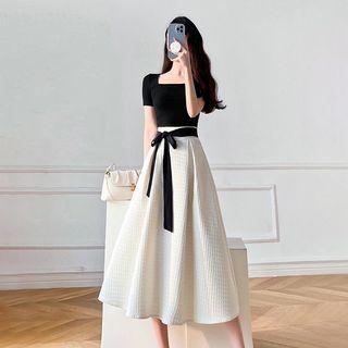 Set : Plain Top + High-waist A-line Skirt