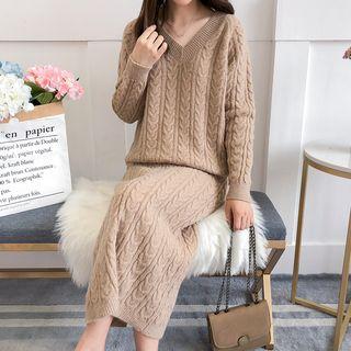 Set: V-neck Cable Knit Sweater + Midi Knit Skirt